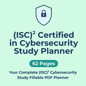 Könnte beinhalten: Hellgrüne Grafik mit einem Schildsymbol und dem Text "(ISC)² Certified in Cybersecurity Study Planner". Der Planer hat 62 Seiten und ist ein ausfüllbares PDF. Das Bild ist für das Cybersecurity-Studium konzipiert.