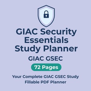 May include: A light purple study planner with the text "GIAC Security Essentials Study Planner" and "GIAC GSEC". The planner has 72 pages and includes a fillable PDF. A shield icon with a lock is at the top.