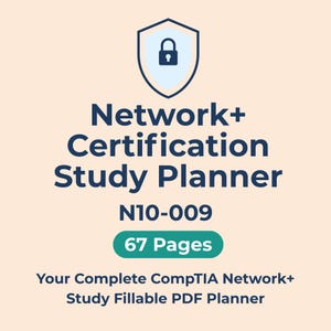 Puede incluir: Un planificador de estudio digital para la certificación Network+, con un icono de escudo y un candado. El título "Network+ Certification Study Planner" está en azul oscuro, con "N10-009" y "67 Pages" también mostrados.