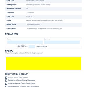 May include: A white document titled "EXAM OVERVIEW" detailing the Professional Cloud Architect exam. It lists the exam code, passing score, 50 questions, a 120-minute time limit, and an exam cost of $200 USD. A registration checklist is also present.