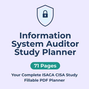 Könnte beinhalten: Ein digitaler Studienplaner für die Prüfung zum Information System Auditor. Das Design zeigt ein Schildsymbol mit einem Schloss, den Text "Information System Auditor Study Planner" und "71 Pages". Der Text "Your Complete ISACA CISA Study Fillable PDF Planner" ist ebenfalls enthalten.