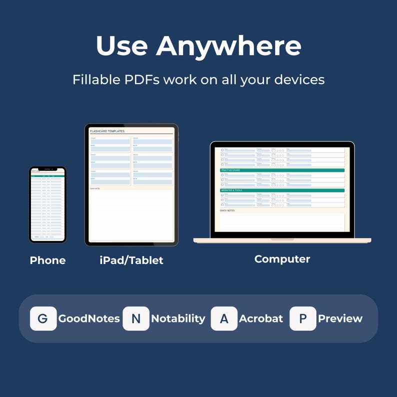 Google Cloud Engineer study planner showing exam overview, study schedule overview, weekly study plan, practice test log, brain dump, exam day checklist, and streak tracker pages in a fillable PDF format. Compatible with all devices (phone, tablet, or computer) and easily accessible via popular apps like Adobe Acrobat, GoodNotes, Notability, or Xodo.