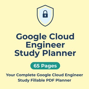 Könnte beinhalten: Ein digitaler Studienplaner für Google Cloud Engineers. Das Design zeigt ein Schildsymbol mit einem Schloss, den Text "Google Cloud Engineer Study Planner" und "65 Pages". Der Text unten lautet "Your Complete Google Cloud Engineer Study Fillable PDF Planner".