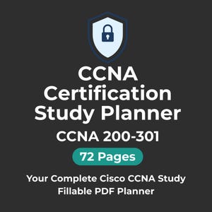 Może przedstawiać: Ciemnoszara grafika z tekstem "CCNA Certification Study Planner" i "CCNA 200-301". Zawiera ikonę tarczy z kłódką i tekst "72 Pages". Obecny jest również tekst "Your Complete Cisco CCNA Study Fillable PDF Planner".