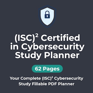 Könnte beinhalten: Ein digitaler Studienplaner für (ISC)² Certified in Cybersecurity, mit einem Schild- und Schloss-Symbol. Der Planer hat 62 Seiten und ist ein ausfüllbares PDF. Der Hintergrund ist dunkelgrau.