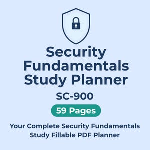 Könnte beinhalten: Hellblaue Grafik mit dem Text "Security Fundamentals Study Planner" und "SC-900". Die Grafik enthält auch ein Schildsymbol mit einem Vorhängeschloss und ein grünes Rechteck mit der Aufschrift "59 Pages".