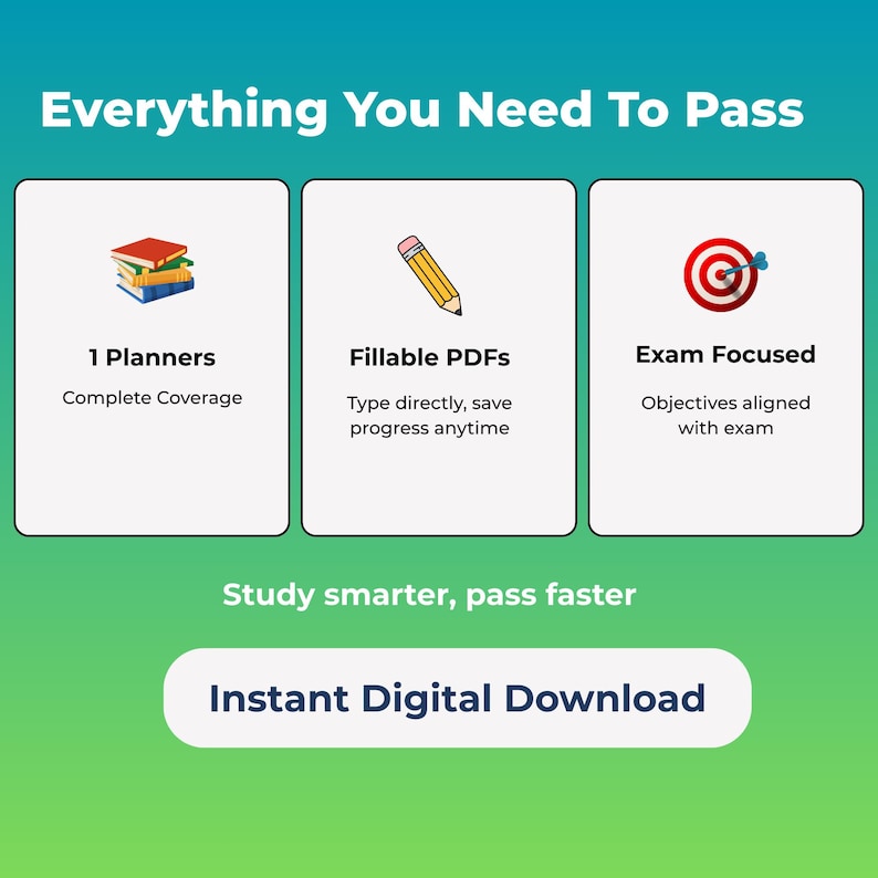 Google Cloud Architect study planner showing exam overview, study schedule overview, weekly study plan, practice test log, brain dump, exam day checklist, and streak tracker pages in a fillable PDF format. Compatible with all devices (phone, tablet, or computer) and easily accessible via popular apps like Adobe Acrobat, GoodNotes, Notability, or Xodo.