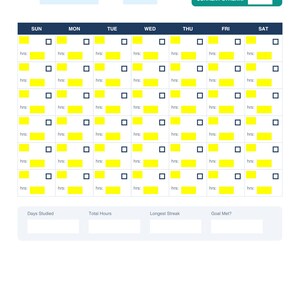 May include: A Study Streak Tracker in blue and white, designed to monitor study time. It features a grid layout with spaces for the month, year, and current streak. Days of the week are across the top, with boxes to mark study progress.