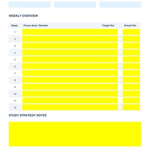 May include: A white study schedule overview document with the title "STUDY SCHEDULE OVERVIEW" at the top. The document includes sections for total study weeks, start date, and target hours per week. It also has a weekly overview section with space for focus areas, target hours, and actual hours. There is also a section for study strategy notes.