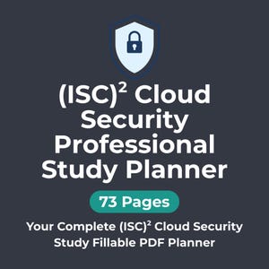 Könnte beinhalten: Dunkelblaue Grafik mit weißem Text, der "(ISC)² Cloud Security Professional Study Planner" lautet. Das Bild enthält ein Schildsymbol mit einem Schloss und den Text "73 Pages". Der Text unten lautet "Your Complete (ISC)² Cloud Security Study Fillable PDF Planner."