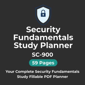 Könnte beinhalten: Ein digitaler Studienplaner für Sicherheitsgrundlagen mit einem Schildsymbol mit einem Schloss. Der Titel "Security Fundamentals Study Planner" wird in großem weißen Text angezeigt, zusammen mit "SC-900" und "59 Pages". Der Text "Your Complete Security Fundamentals Study Fillable PDF Planner" ist ebenfalls enthalten.