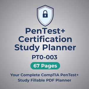 Può includere: Un pianificatore di studio digitale per la certificazione CompTIA PenTest+. Il design presenta un'icona a scudo con un lucchetto, il testo "PenTest+ Certification Study Planner" e "67 Pages". Il pianificatore è un PDF compilabile.