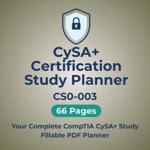 Puede incluir: Un planificador de estudio digital para la certificación CySA+, con un icono de escudo azul y blanco con un candado. El texto dice "CySA+ Certification Study Planner CSO-003" con "66 Pages" en un rectángulo verde. Incluye "Your Complete CompTIA CySA+ Study Fillable PDF Planner."