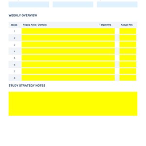 May include: A study schedule overview document titled "STUDY SCHEDULE OVERVIEW". It features sections for total study weeks, start date, and target hours per week. The weekly overview section includes columns for week, focus area/domain, target hours, and actual hours.