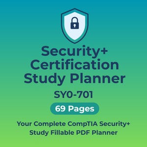Puede incluir: Gráfico verde y azul con el texto "Security+ Certification Study Planner" y "SYO-701". La imagen incluye un icono de escudo con un candado y el texto "69 Pages". El texto inferior dice "Your Complete CompTIA Security+ Study Fillable PDF Planner".