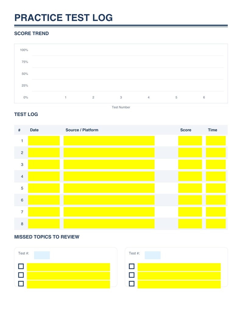 May include: A white practice test log titled "PRACTICE TEST LOG". It features sections for score trends, test logs, and missed topics to review. The test log includes columns for date, source/platform, score, and time, ideal for tracking progress.