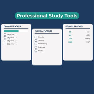 Google Cloud Architect study planner showing exam overview, study schedule overview, weekly study plan, practice test log, brain dump, exam day checklist, and streak tracker pages in a fillable PDF format. Compatible with all devices (phone, tablet, or computer) and easily accessible via popular apps like Adobe Acrobat, GoodNotes, Notability, or Xodo.