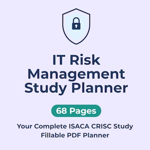 Könnte beinhalten: Ein digitaler Studienplaner für IT-Risikomanagement mit einem Schildsymbol mit einem Schloss. Der Text lautet "IT Risk Management Study Planner" mit "68 Pages" in einem grünen Feld. Enthält "Your Complete ISACA CRISC Study Fillable PDF Planner."