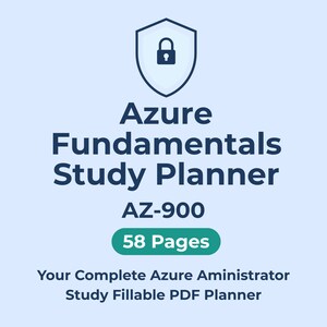 May include: A light blue graphic with the text "Azure Fundamentals Study Planner AZ-900". The graphic includes a shield icon with a lock and the text "58 Pages". The text "Your Complete Azure Administrator Study Fillable PDF Planner" is also included.
