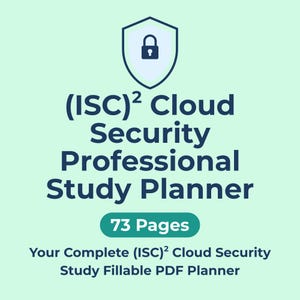 Könnte beinhalten: Ein digitaler Studienplaner für (ISC)² Cloud Security Professional, mit einem Schildsymbol und einem Schlosssymbol. Der Text lautet "73 Seiten" und "Your Complete (ISC)² Cloud Security Study Fillable PDF Planner."