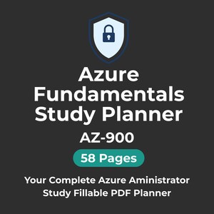 Könnte beinhalten: Dunkelgraue Grafik mit dem Text "Azure Fundamentals Study Planner AZ-900" in Weiß. Oben befindet sich ein Schildsymbol mit einem Schloss. Der Text "58 Pages" befindet sich in einem grünen Rechteck. Der Text unten lautet "Your Complete Azure Administrator Study Fillable PDF Planner."