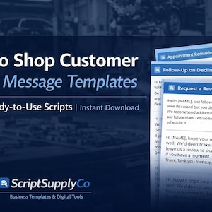 Può includere: Annuncio di modelli di messaggi di testo per clienti di officine. L'immagine presenta il testo "Auto Shop Customer Text Message Templates" e "50 Ready-to-Use Scripts | Instant Download". Vengono visualizzati esempi di messaggi.