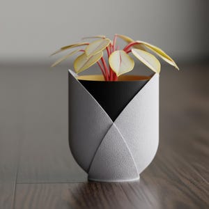 Könnte beinhalten: Ein moderner, strukturierter weiß-grauer Pflanzentopf mit einem einzigartigen Faltendesign. Der Innenraum ist schwarz und goldfarben und enthält eine kleine Pflanze mit gelben Blättern und roten Stielen. Der Topf steht auf einer Holzoberfläche.
