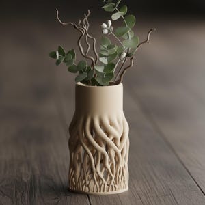 Könnte beinhalten: Eine beige Keramikvase mit einem wurzelartigen Design, die Eukalyptuszweige mit grünen Blättern und kleinen weißen Knospen enthält. Die Vase steht auf einer Holzoberfläche und erzeugt eine natürliche Ästhetik. Die Vase ist ein dekoratives Objekt.