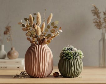 Modern ribbad vas – 3D-printad dekorativ blomvas, minimalistisk heminredning för torkade blommor och bordsdekoration