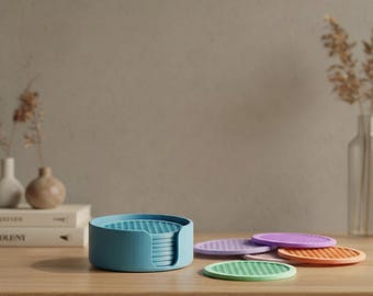 Färgglatt underläggsset med 1 hållare och 7 underlägg – 3D-printade drinkunderlägg stapelbara moderna bordsdekorationer och presentidé