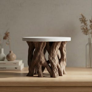 May include: A small, round side table with a white top and a base designed to resemble intertwined tree trunks. The base is a natural brown colour, and the table is set on a wooden surface.