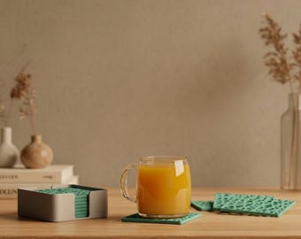 Modernt underläggsset med 1 hållare och 7 underlägg – 3D-printade stapelbara drinkunderlägg med organisk design för minimalistisk bords- och skrivbordsdekoration