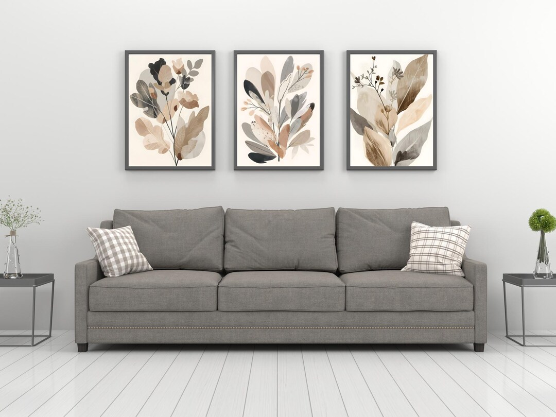 Modern Boho Botanical Triptych Wall Art | Neutral Leaves Print (digital ...