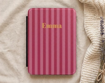 Personalized Kindle case with striped initials and hand strap,Case for Paperwhite 2024 (10/11/12, 6.8" and 7"),Personalized case for Fire HD