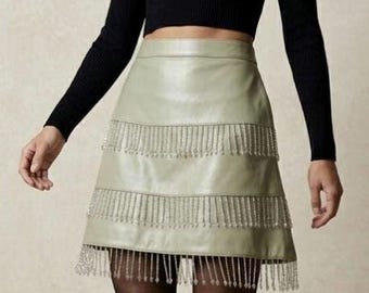 Minifalda de cuero auténtico con detalles de borlas de cristal / Conjunto de lujo a medida