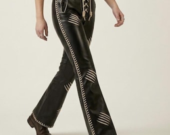 Hand-Stitched Leather Flare Pants | Whipstitch Detail, Lace-Up Fly, Streetwear