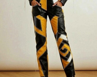Pantalones de cuero con patchwork y pespuntes. Pantalones unisex de cuero auténtico de pierna recta.