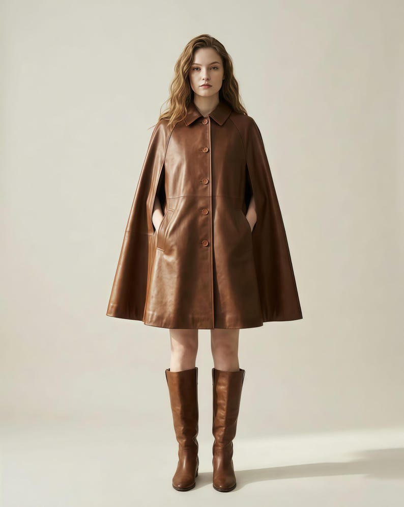 May include: A brown leather cape featuring a classic collar, a front button closure with five visible buttons, and side arm openings. The garment has a structured silhouette that flares slightly toward the hem, paired with matching brown leather knee-high boots.