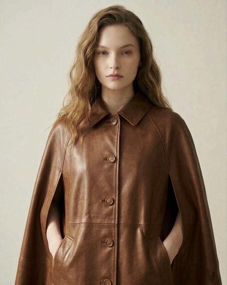 May include: A brown leather cape featuring a classic collar, a front button placket with four visible circular buttons, and side arm openings. The garment has a smooth, polished finish and a structured silhouette that drapes over the shoulders.
