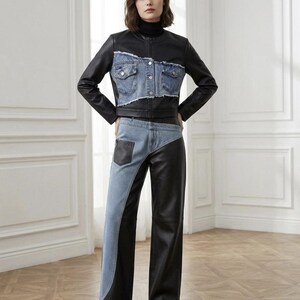 Denim patchwork leren jas voor dames | Unieke handgemaakte Y2K bikerjas |