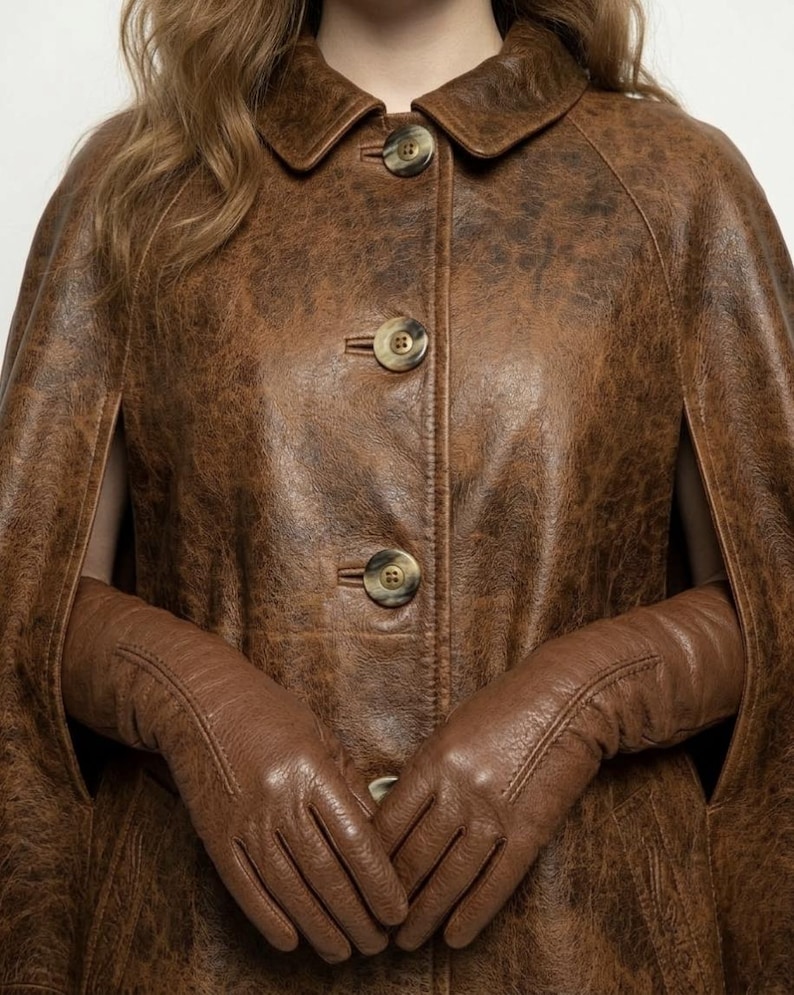 Sheepskin Leather Cape Coat – Mod Style Wrap Jacket image 9