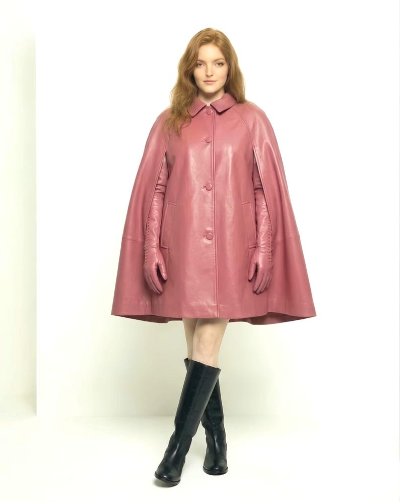 Sheepskin Leather Cape Coat – Mod Style Wrap Jacket image 2