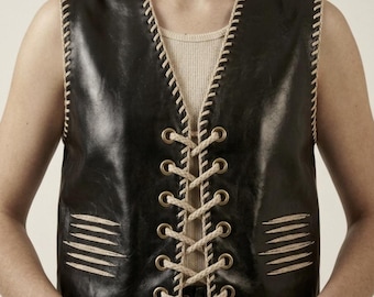 Genuine Leather Whipstitch Vest - Handcrafted Westerncore Waistcoat -Rope Lace-Up Detail.