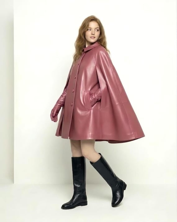 Sheepskin Leather Cape Coat – Mod Style Wrap Jacket