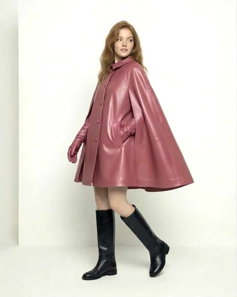 Sheepskin Leather Cape Coat – Mod Style Wrap Jacket PINK