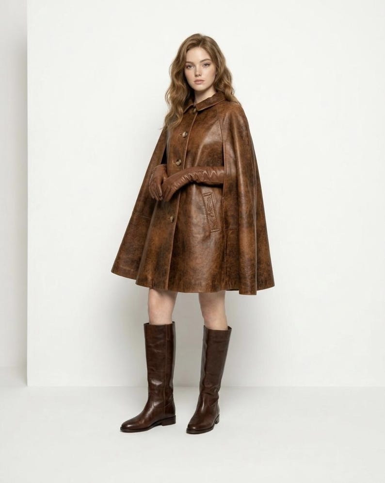 May include: A brown leather cape featuring a collared neckline, a front button closure, and side arm slits. The garment is paired with matching brown leather gloves and knee-high brown leather boots, creating a coordinated ensemble with a textured finish.