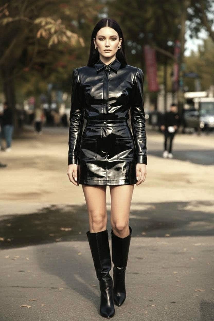 High-Shine Genuine Leather Mini Skirt Set - Button-Down Shirt Jacket,…