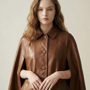 Sheepskin Leather Cape Coat – Mod Style Wrap Jacket image 13
