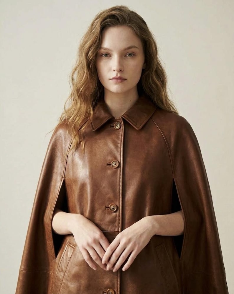 Sheepskin Leather Cape Coat – Mod Style Wrap Jacket image 13