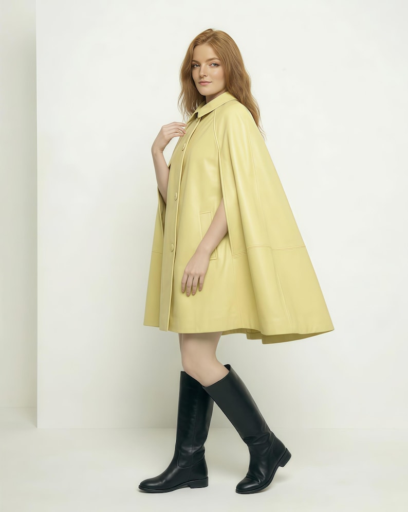 Sheepskin Leather Cape Coat – Mod Style Wrap Jacket image 4